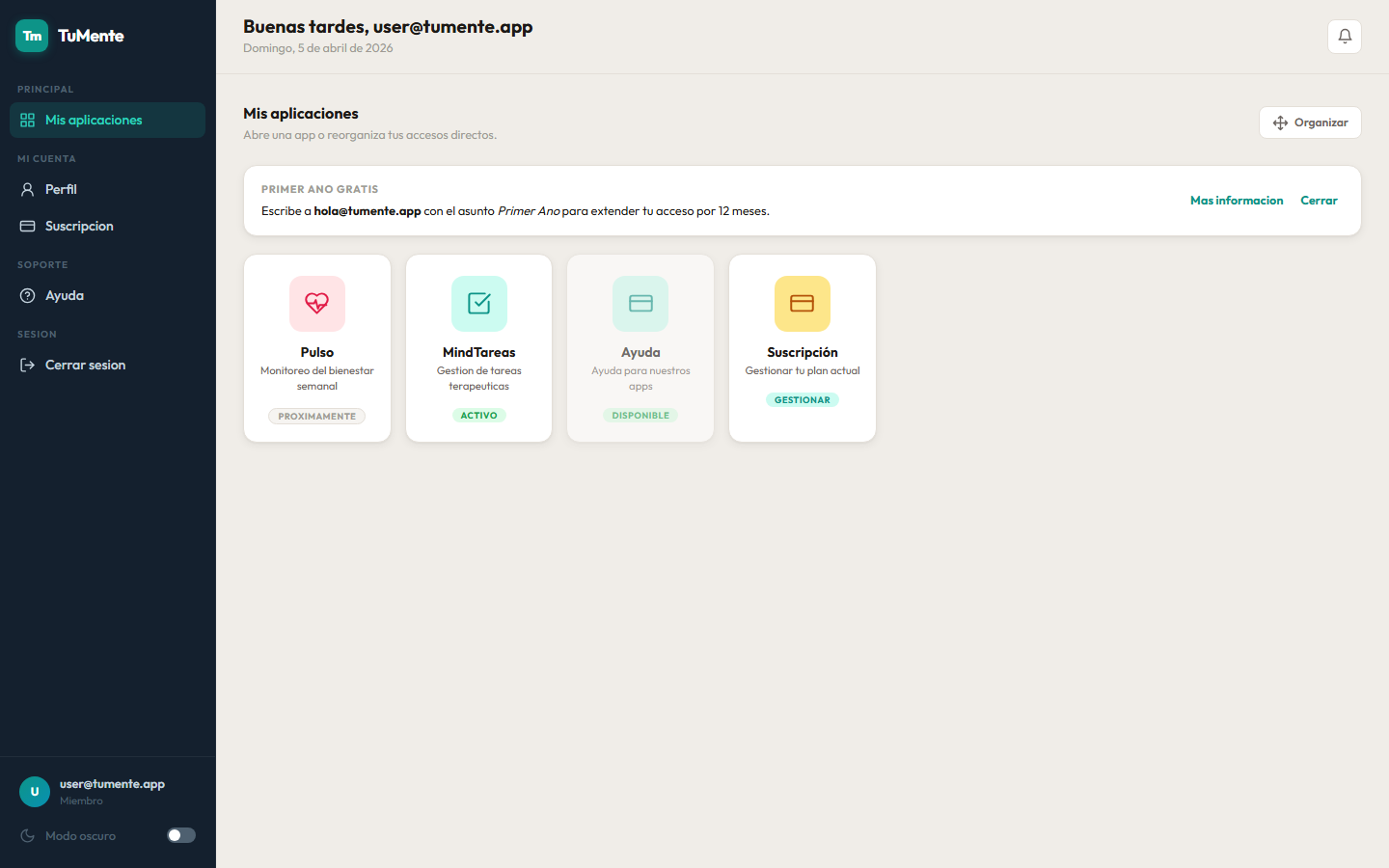 Vista del panel de control de TuMente